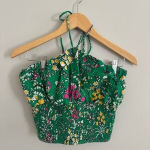 Anthropologie Green Smocked Crop Tank Top